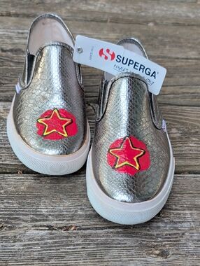 Superga Metallic Silver Slip-On Sneakers with Hand-painted Red Stars